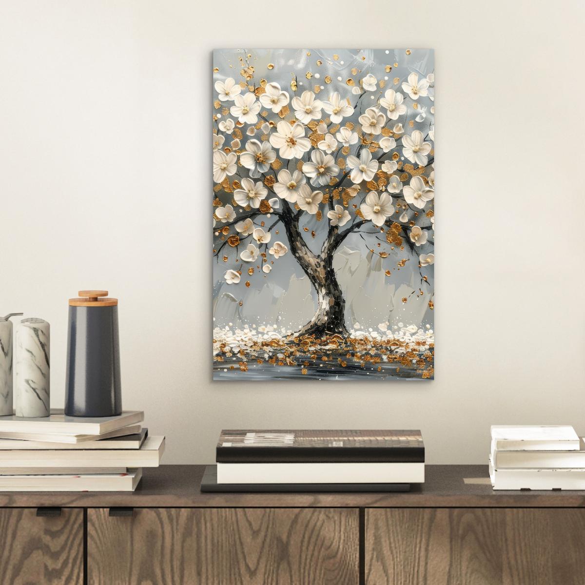 METALLBILD Baum - Blumen - Weiß - Natur - Kunst 20x30 cm - Weiß, Metall (20/30cm) - MuchoWow