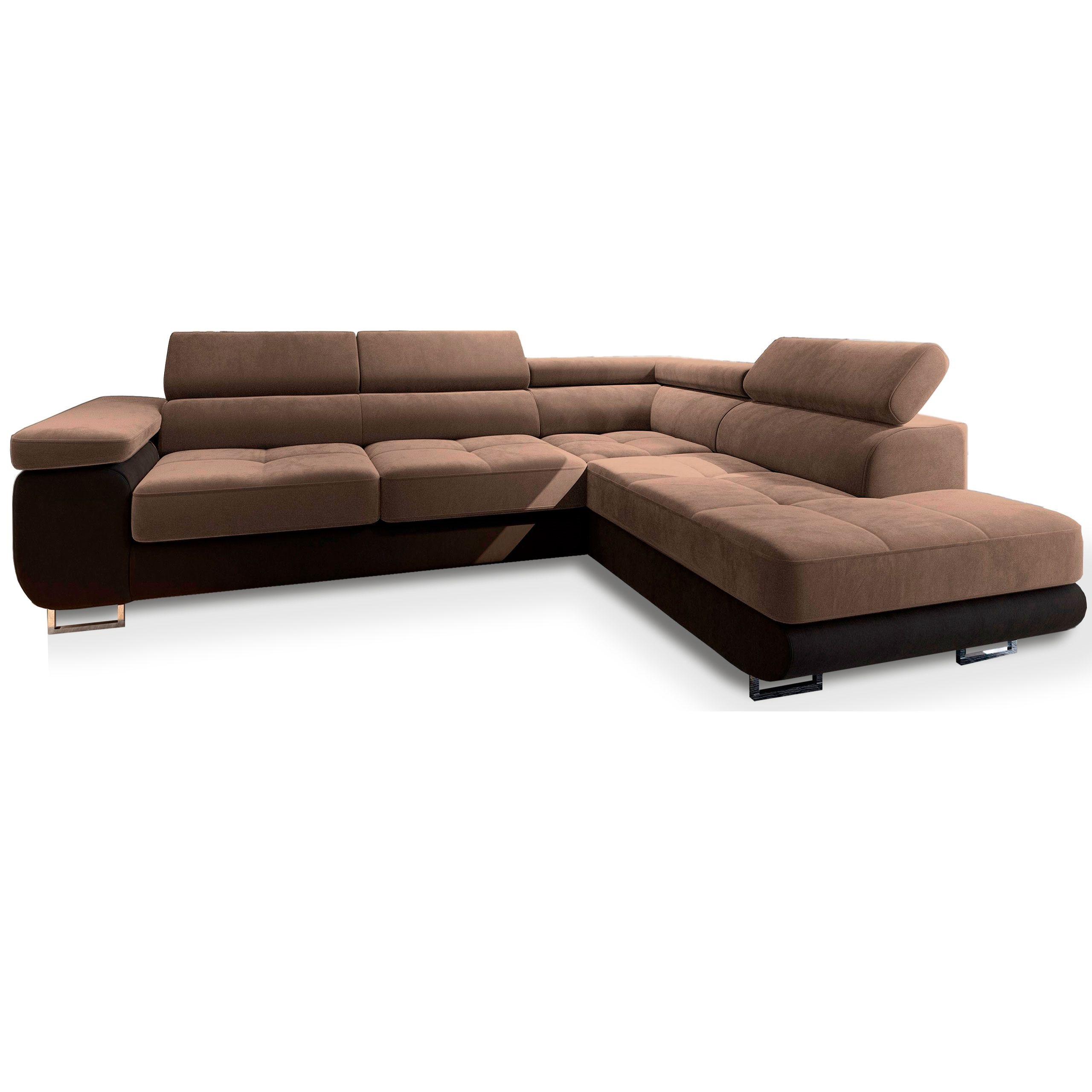 ECKSOFA SELVA R-S Beige Velours-Stoff mit Schlaffunktion - Beige/Silberfarben, Holz/Holzwerkstoff (275/202cm) - MASSENO