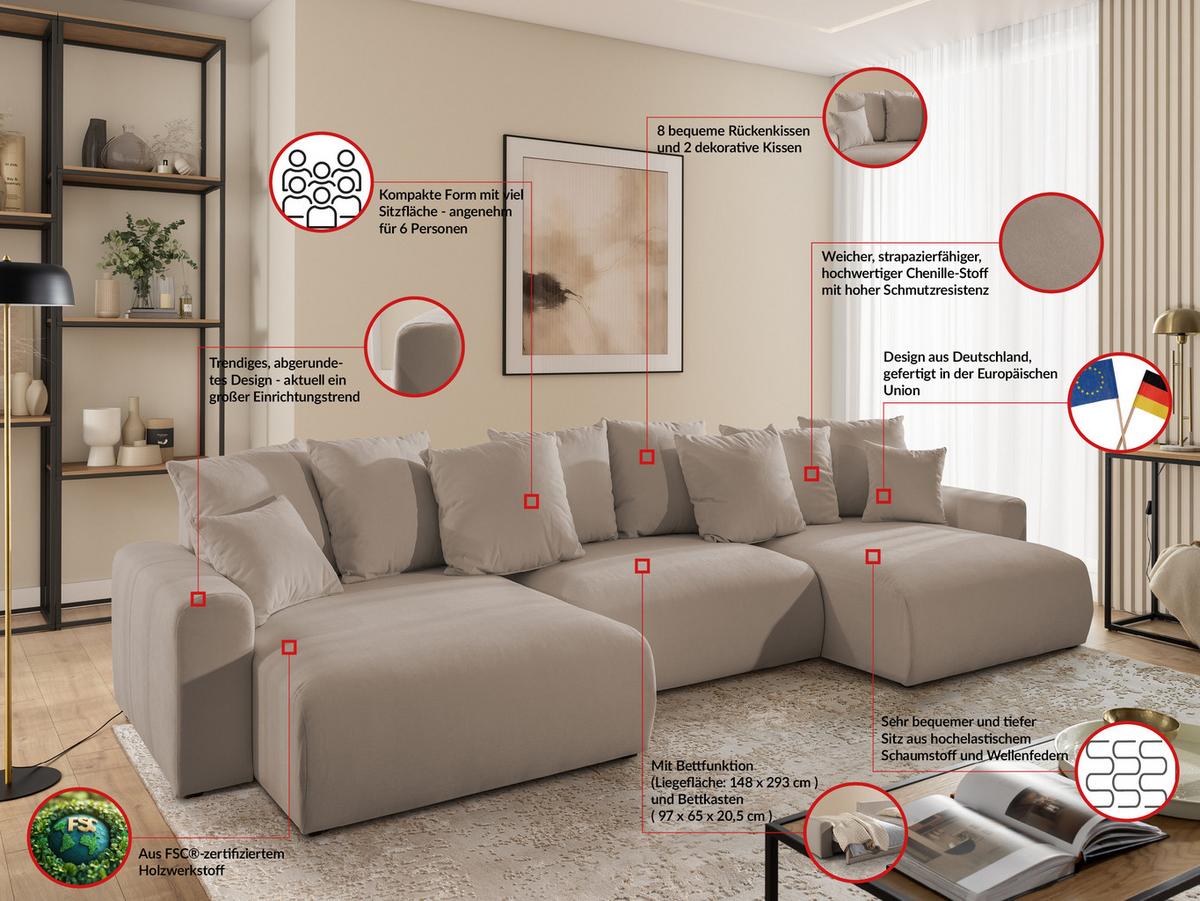 WOHNLANDSCHAFT Calma mit Schlaffunktion und Bettkasten im Bumpy-Design aus weichem Greige Webstoff - Greige/Schwarz, Holz/Textil (336/88/140cm) - S-Style