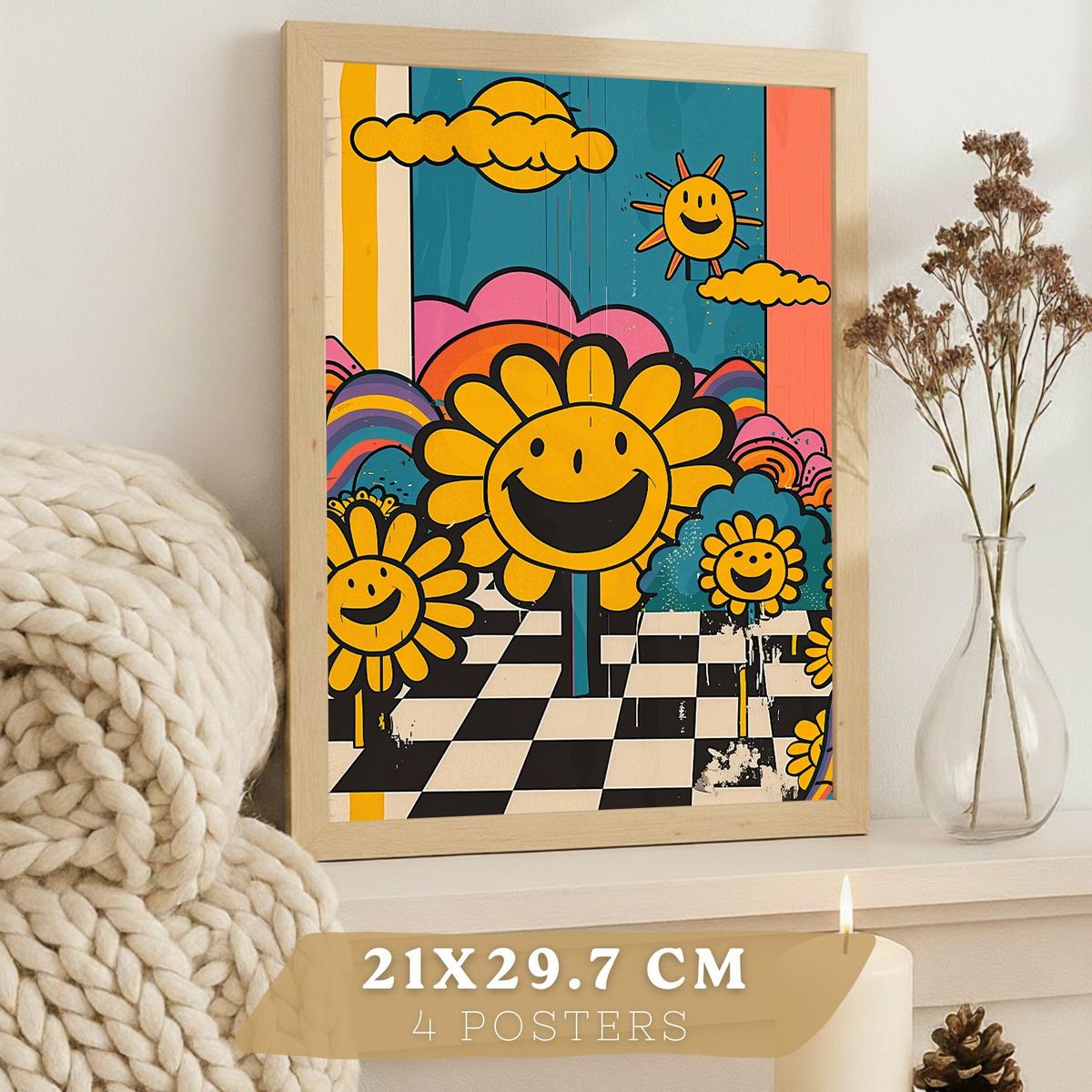 POSTER 4er Kunstdruck-Set Wandbilder Smiley Acid House modern Wohnzimmer Deko, Schlafzimmer, Küche, Badezimmer Rahmenlos A3 - Klar, Papier (29.7/1/42cm) - Nacnic