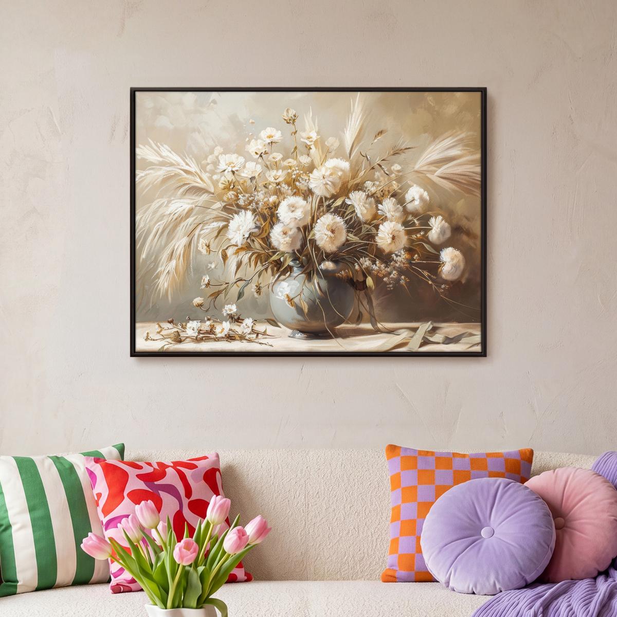 LEINWAND Bilder mit Rahmen - Blumen - Vase - Stilleben - Beige - 70x50 - Creme, Textil (70/50cm) - MuchoWow