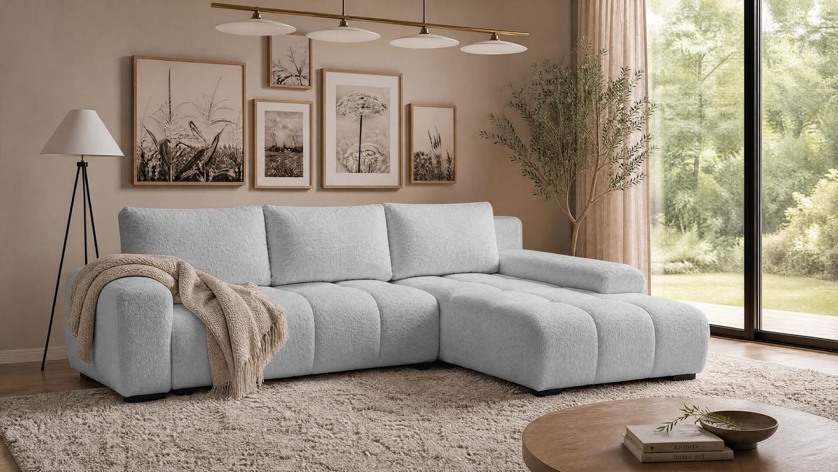 ECKSOFA Ovia mit Bettkasten und Schlaffunktion, Bouclé-Stoff in L-Form - Hellgrau, Textil (270/185cm)