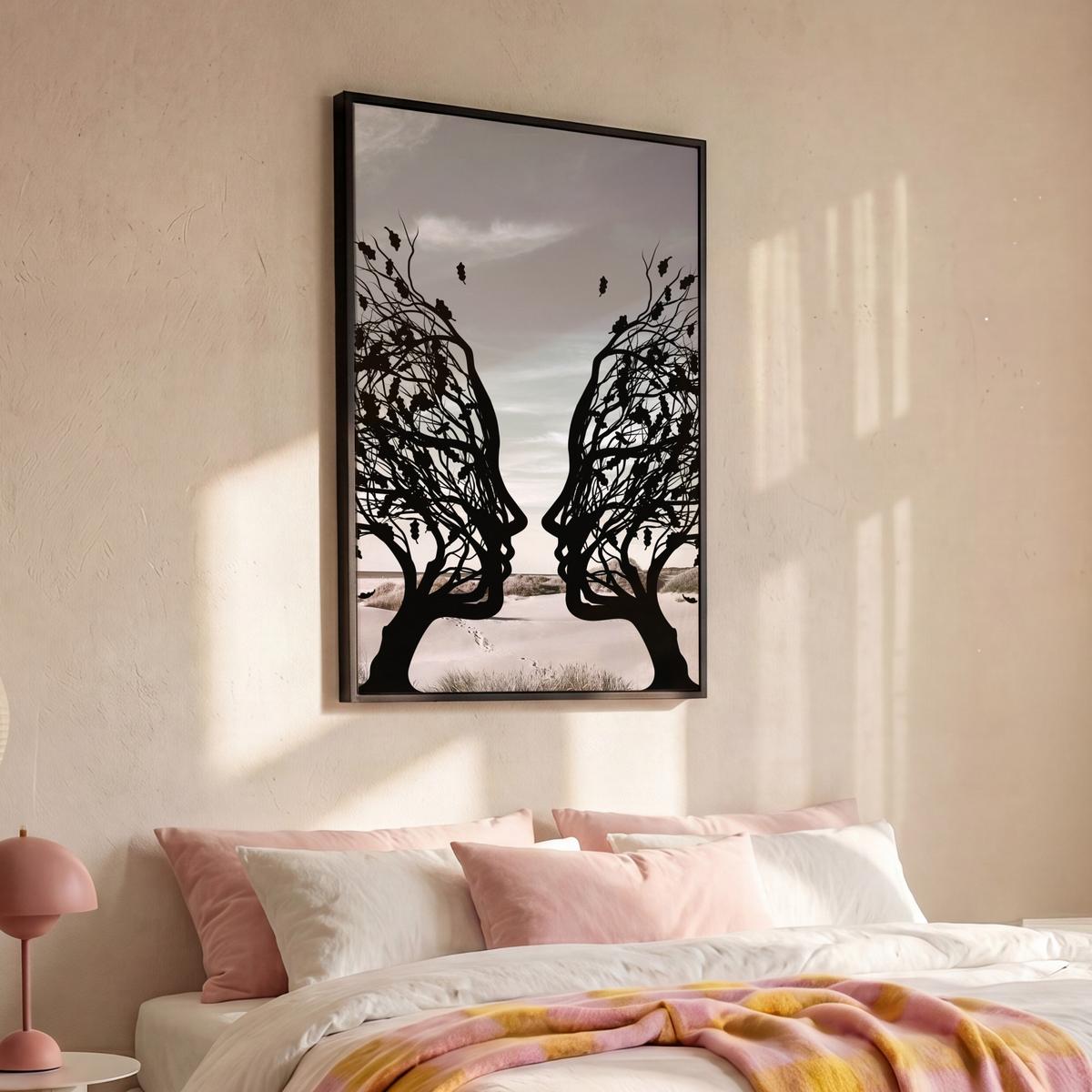 LEINWAND Bilder mit Rahmen - Strand - Meer - Menschen - Baum - Moderne Kunst - 80x120 - Hellgrau, Textil (80/120cm) - MuchoWow