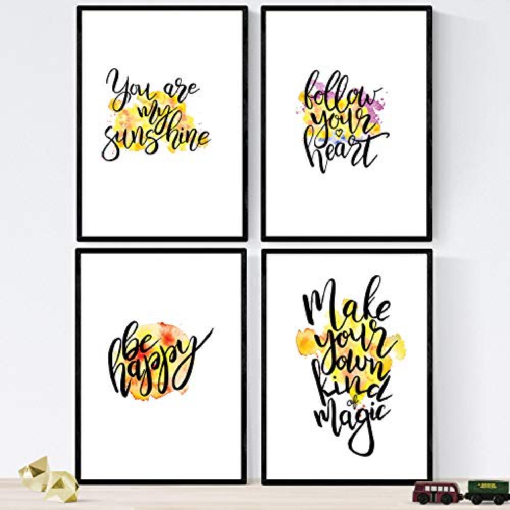 POSTER Set mit 4 glücklich und bunt ‚folgen‘ A3 Rahmenlos - Klar, Papier (29.7/3cm) - Nacnic