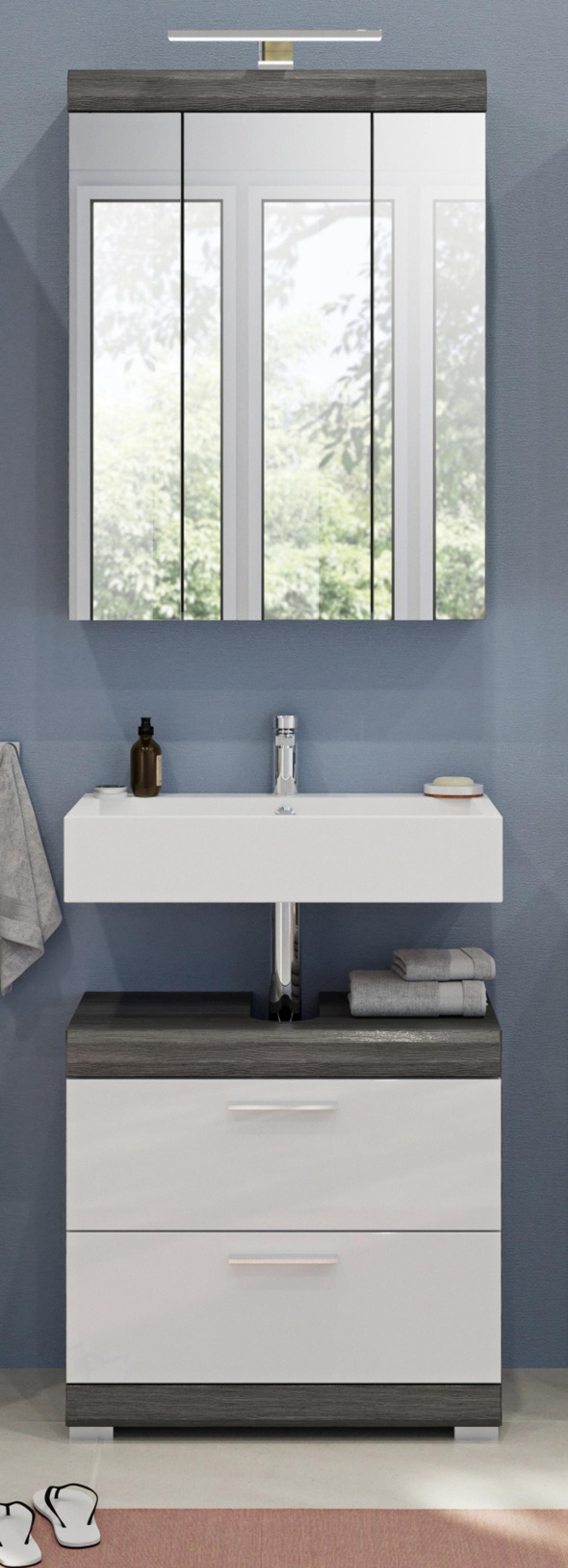 BADMÖBEL-SET weiß Hochglanz, grau 2-teilig 60 cm, Kombination mit Spiegelschrank - Weiß Hochglanz/Grau, Holzwerkstoff (60/191/34cm) - Inn.Furn