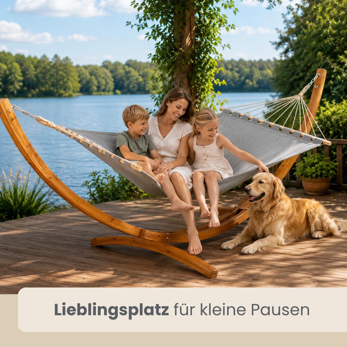 XXL-HÄNGEMATTE mit Holzgestell bis 150kg, 325/120cm, Grau - Grau, Holz (120/2.5/325cm) - Amanka
