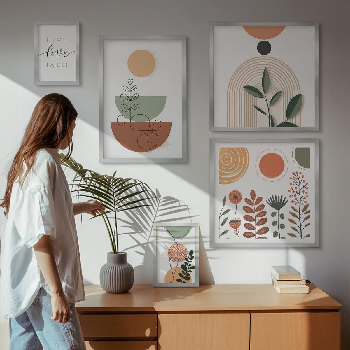 BILDER SET 5er Set - 50x50 cm & 20x30 cm & 40x60 cm Silberner Rahmen - Abstrakte Berglandschaften - Silberfarben, Kunststoff (40/60cm) - TULUP