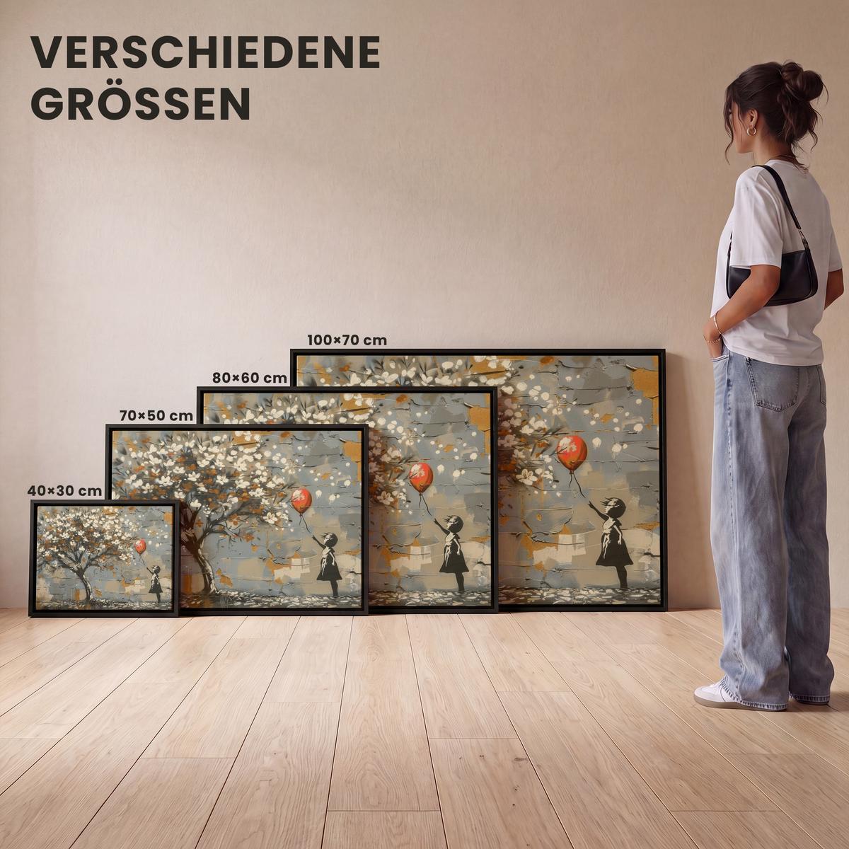 LEINWAND Bilder mit Rahmen - Baum - Graffiti - Banksy-Stil - Ballon-Mädchen - 70x50 - Blaugrau, Textil (70/50cm) - MuchoWow