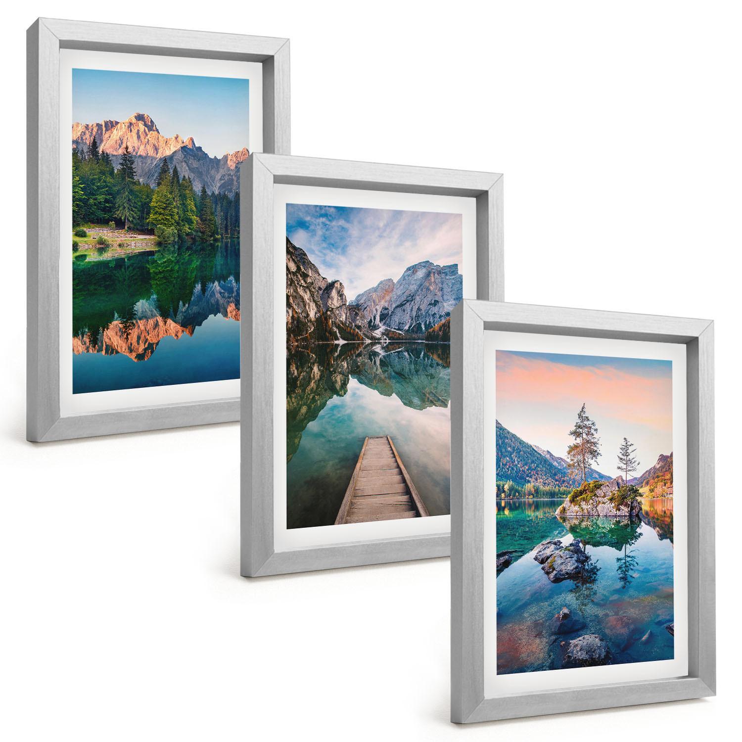 BILDER SET 3er Set - 20x30 cm Silberner Rahmen - Spiegelung des Waldes in Bergseen - Silberfarben, Kunststoff (20/30cm) - TULUP