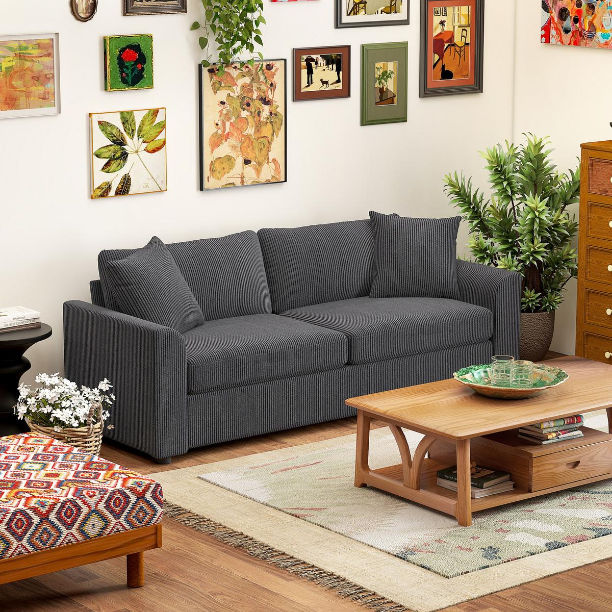 3-SITZER-SOFA, Couch mit Armlehnen, Zierkissen, Polstersofa mit Cordbezug, Grau - Dunkelgrau/Schwarz, Kunststoff/Textil (80/88/212cm) - HOMCOM