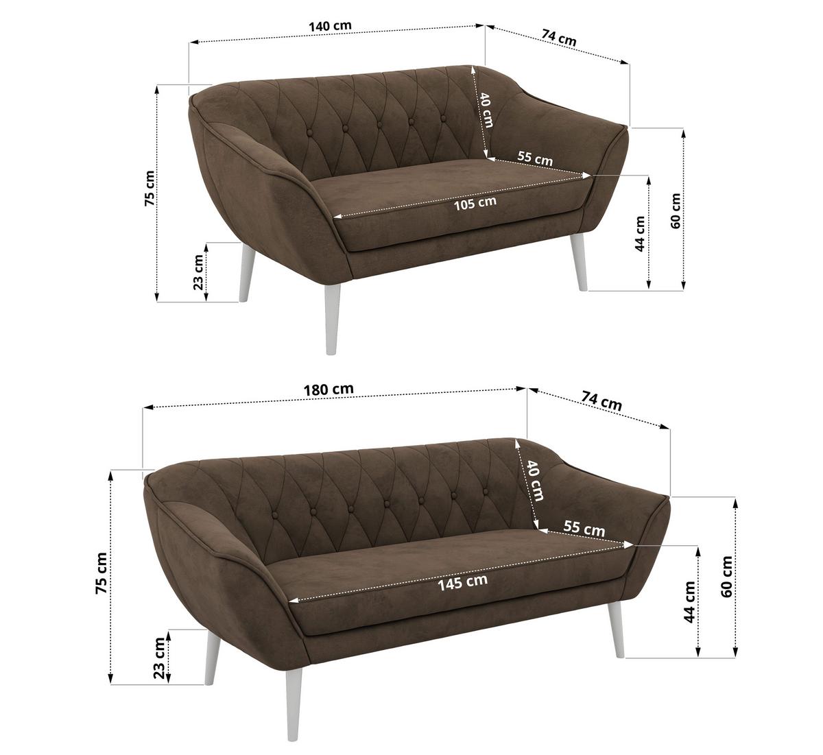 SITZGARNITUR PIRS 3+2 - Braun Velvet - Weiße Beine - Dunkelbraun/Braun, Holzwerkstoff/Textil (180/75/74cm) - MKS
