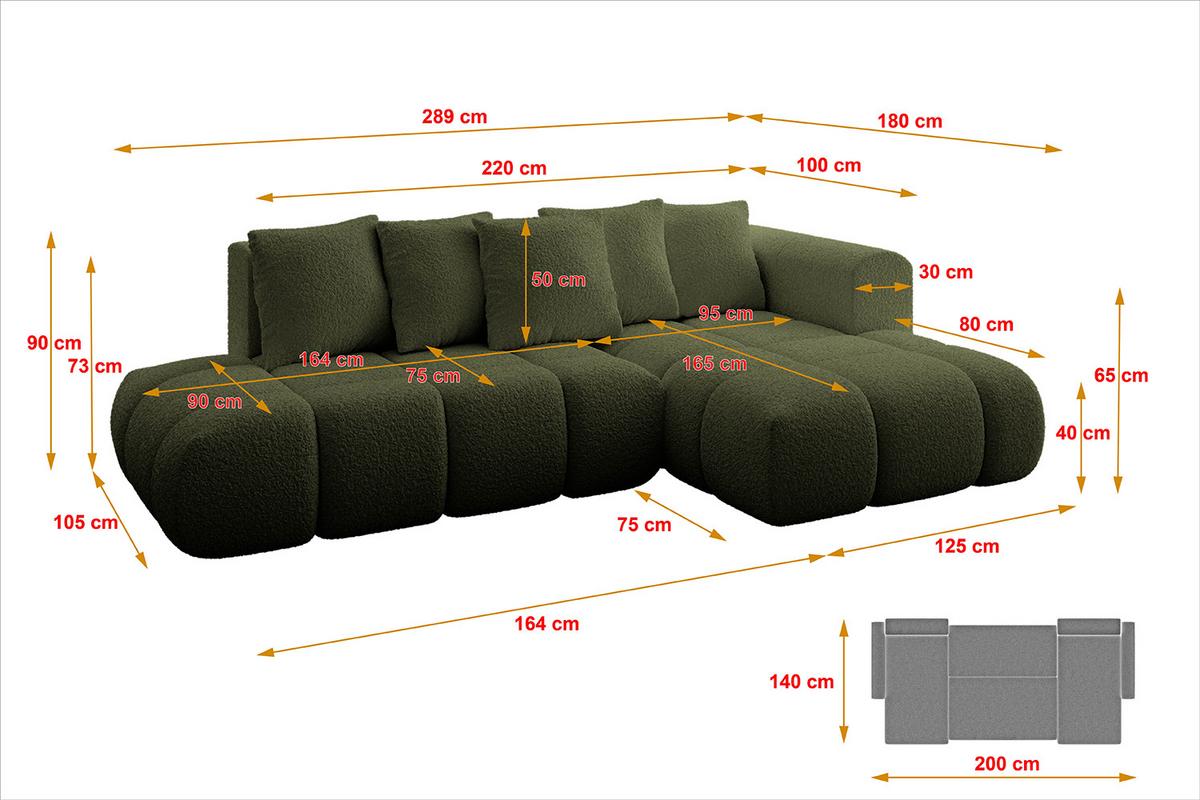 ECKSOFA Ottomane Rechts CLOUD-L-v1 280x185x90 Grün Bouclé - Grün, Holzwerkstoff/Kunststoff (185/280cm) - ALTDECOR
