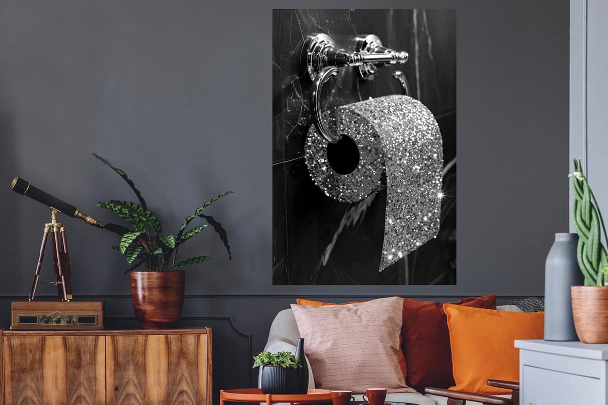 WANDTATTOO WC - Toilettenpapier - Schwarz und weiß - Glitter Wandaufkleber 80x120 cm - Silberfarben, Kunststoff (80/120/0.1cm) - MuchoWow