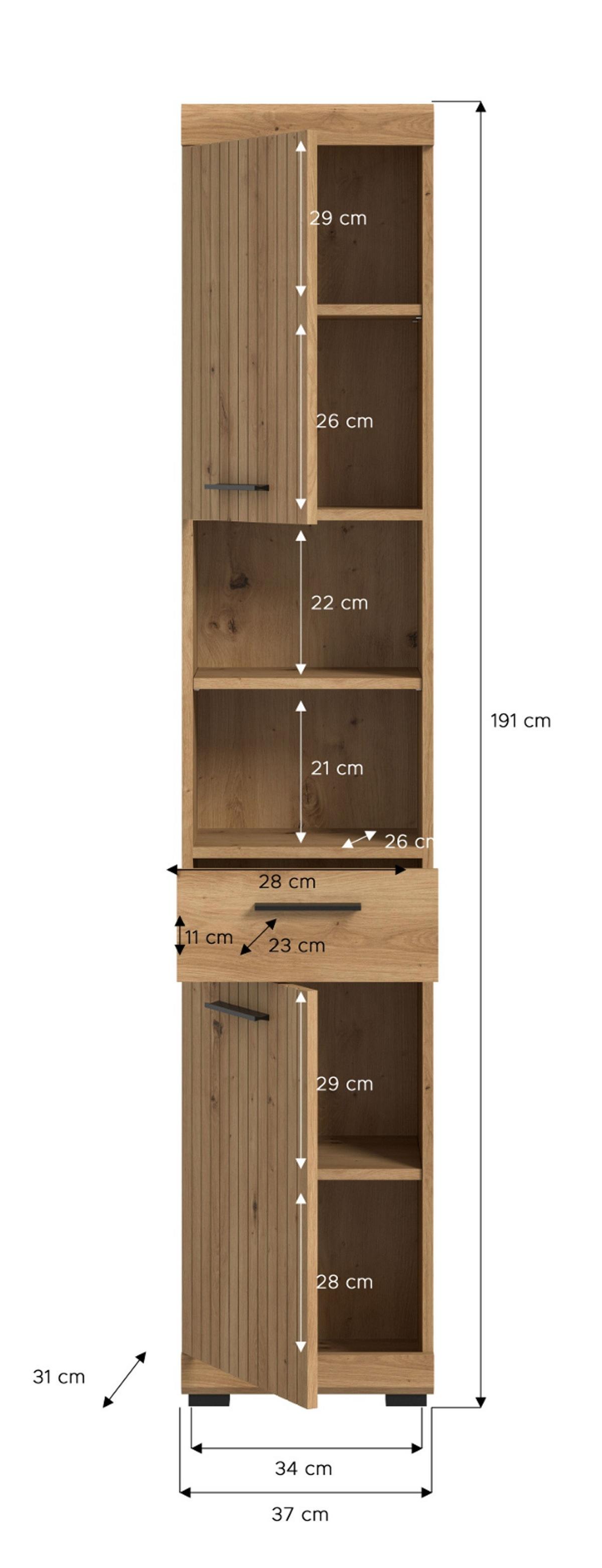 HOCHSCHRANK Eiche Artisan 37 x 191 cm, Badschrank in modernem Design - Schwarz/Eiche Artisan, Holzwerkstoff/Kunststoff (37/191/31cm) - Inn.Furn