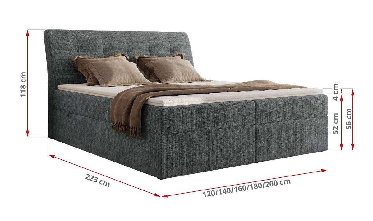 BOXBETT DAGOS 140/200 - Grau Schenille grob gewebt - H3 - Topper T25 - Grau, Textil (140/200cm) - MKS