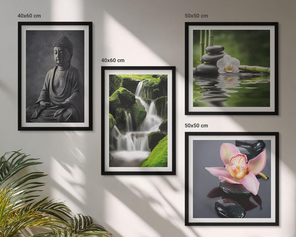 BILDER SET 4er Set - 50x50 cm & 40x60 cm Schwarzer Rahmen - Zen-Gemälde, Wassersteine, Buddha - Schwarz, Kunststoff (50/50cm) - TULUP