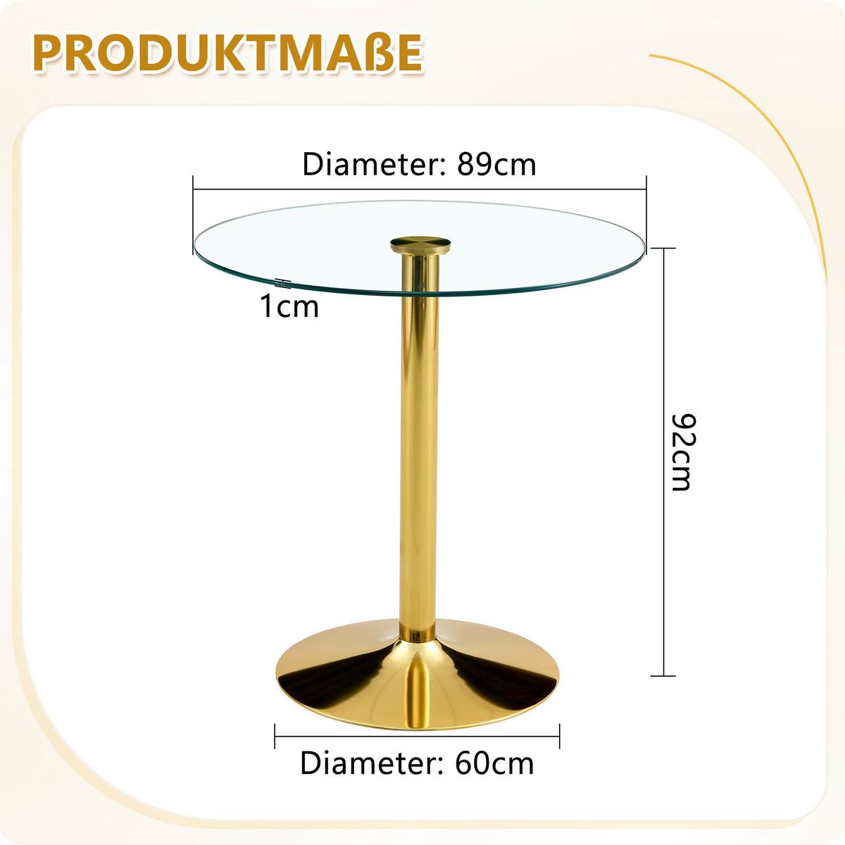 BARTISCH runder glas & gold Ø 89 cm mit trompetenfuß - Goldfarben, Glas (89/89/92cm) - Urban Meuble