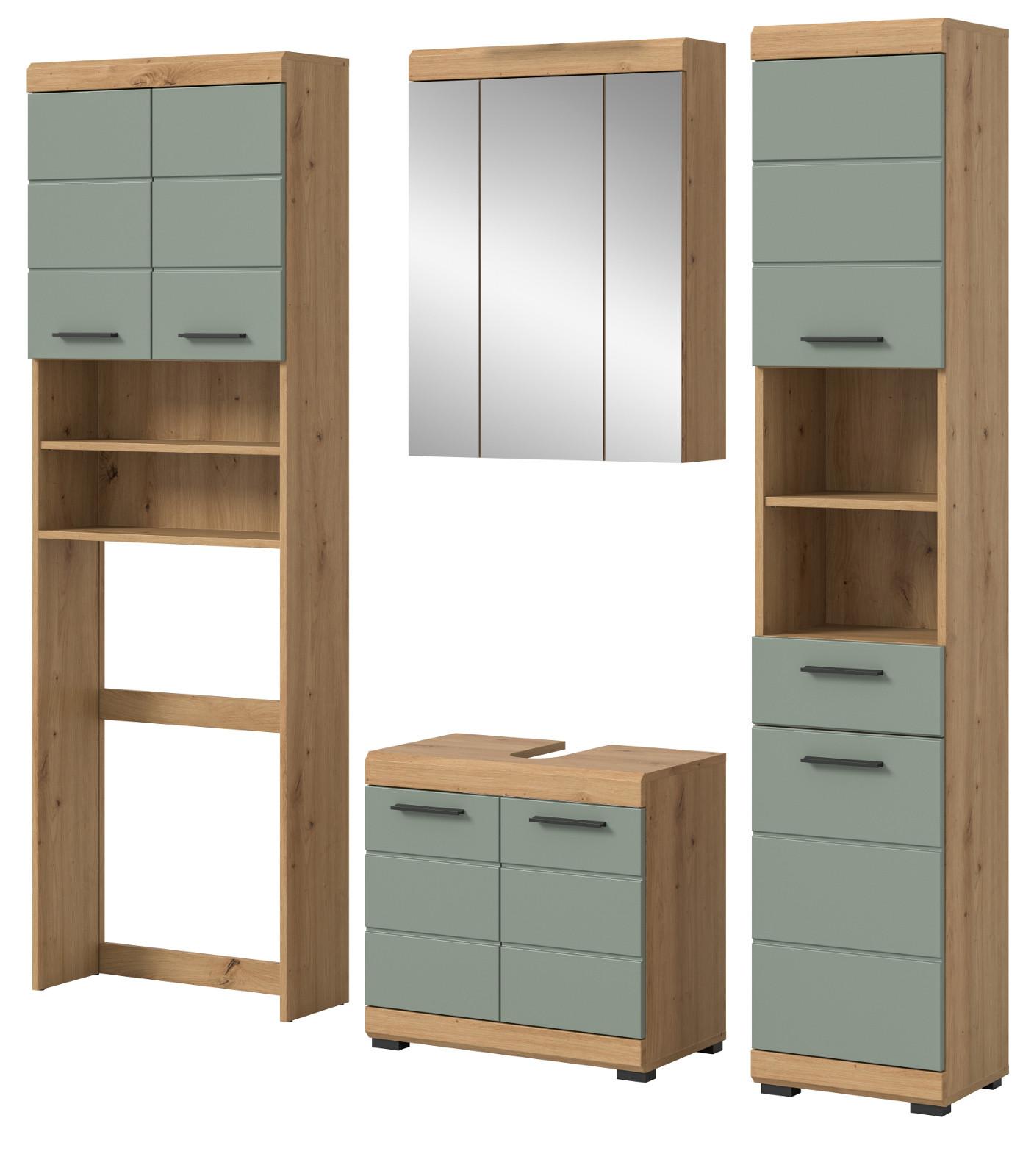 BADMÖBEL-SET Salbei grün, Eiche Artisan 4-teilig 190 cm, Komplettset mit viel Stauraum - Salbeigrün/Schwarz, Glas/Holzwerkstoff (190/191/34cm) - Inn.Furn