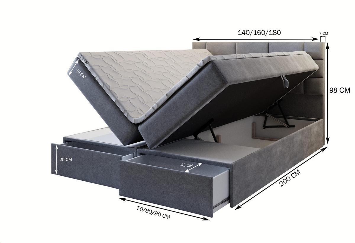 BOXBETT ARINOS 160x200 cm mit Matratze und Topper - Grau - Grau, Holz (160/200cm) - MASSENO