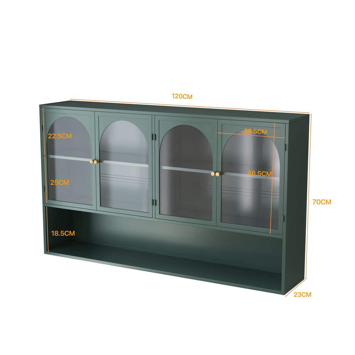 WANDSCHRANK 120cm Metall 4 Türen Graues Glas - Dunkelgrün, Metall (120/70/23cm) - Urban Meuble