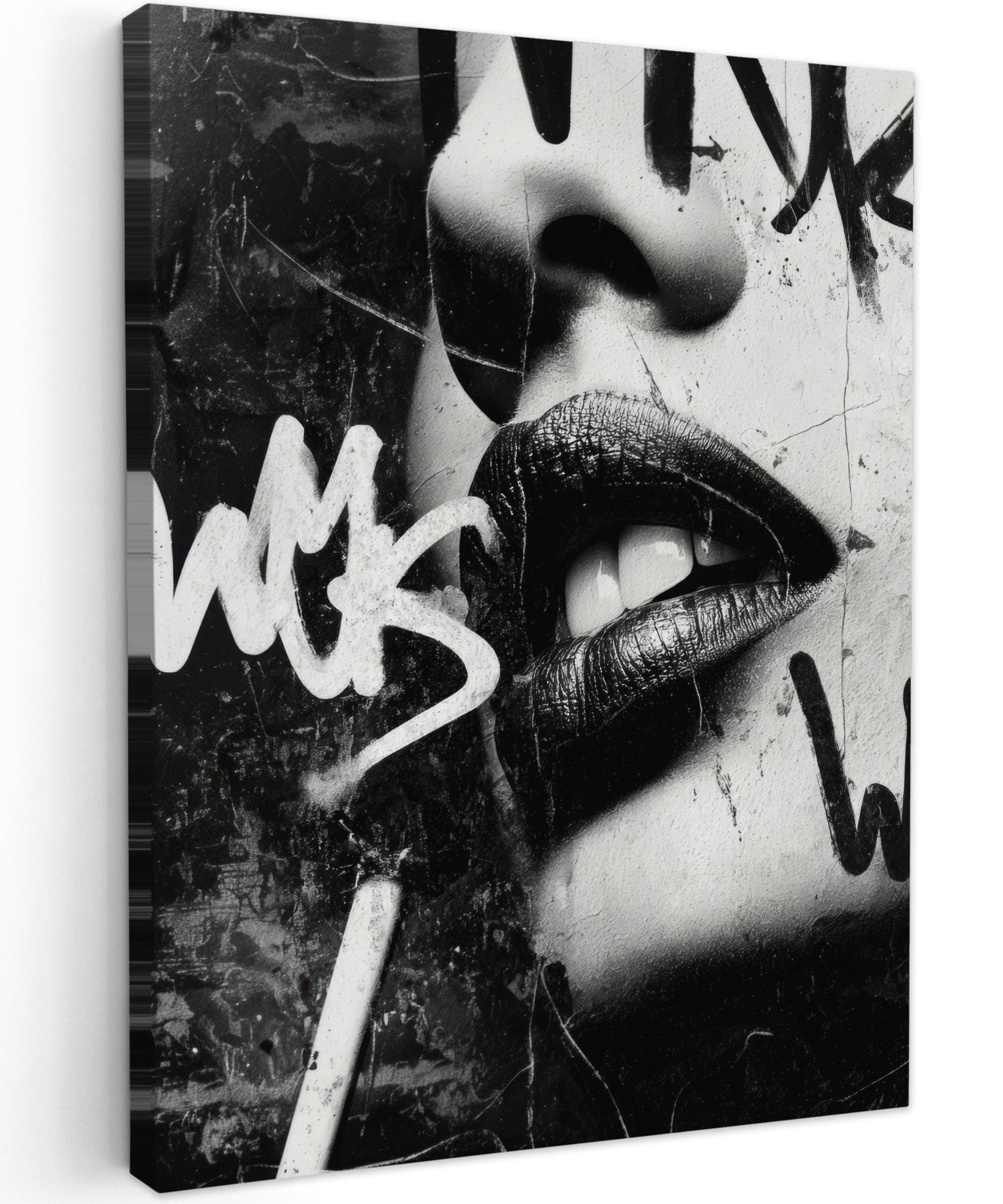 LEINWANDBILD Gesicht - Mund - Graffiti - Schwarz Room Decor 30x40 cm - Schwarz, Textil (30/40cm) - MuchoWow