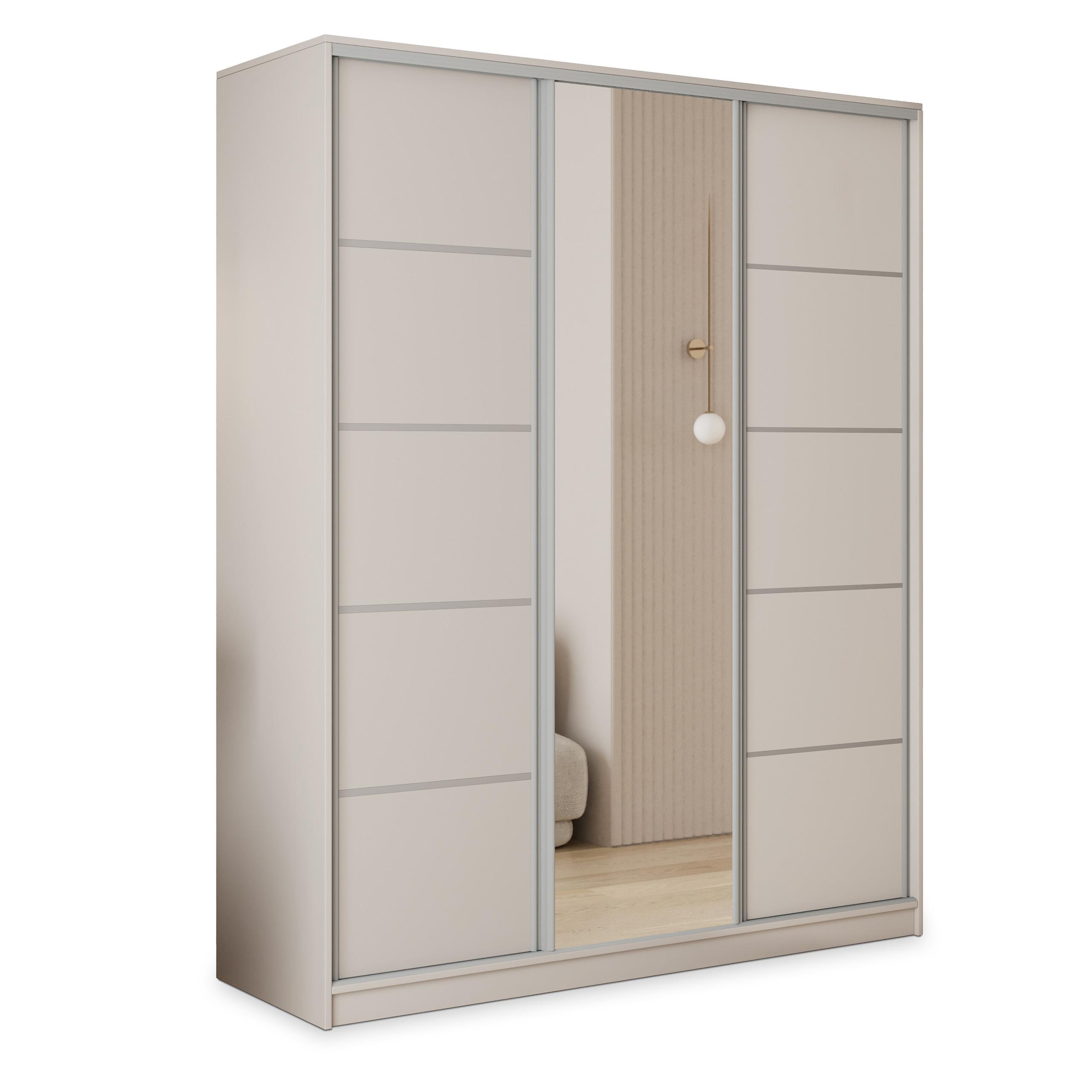 SCHWEBETÜRENSCHRANK PINA 160/205/58 cm 3-türig mit Spiegel und 4 Schubladen Kaschmir - Kaschmir, Holzwerkstoff (160/205/58cm) - MASSENO