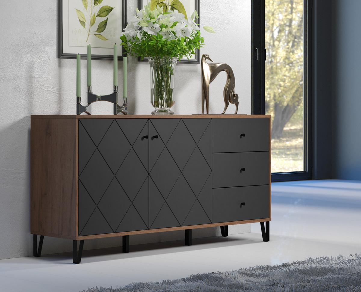SIDEBOARD Graphite grau, Eiche Kraft Gold 183 x 76 cm, Kommode mit Soft-Close - Eichefarben/Schwarz, Holzwerkstoff/Kunststoff (183/76/40cm) - Top.Furn