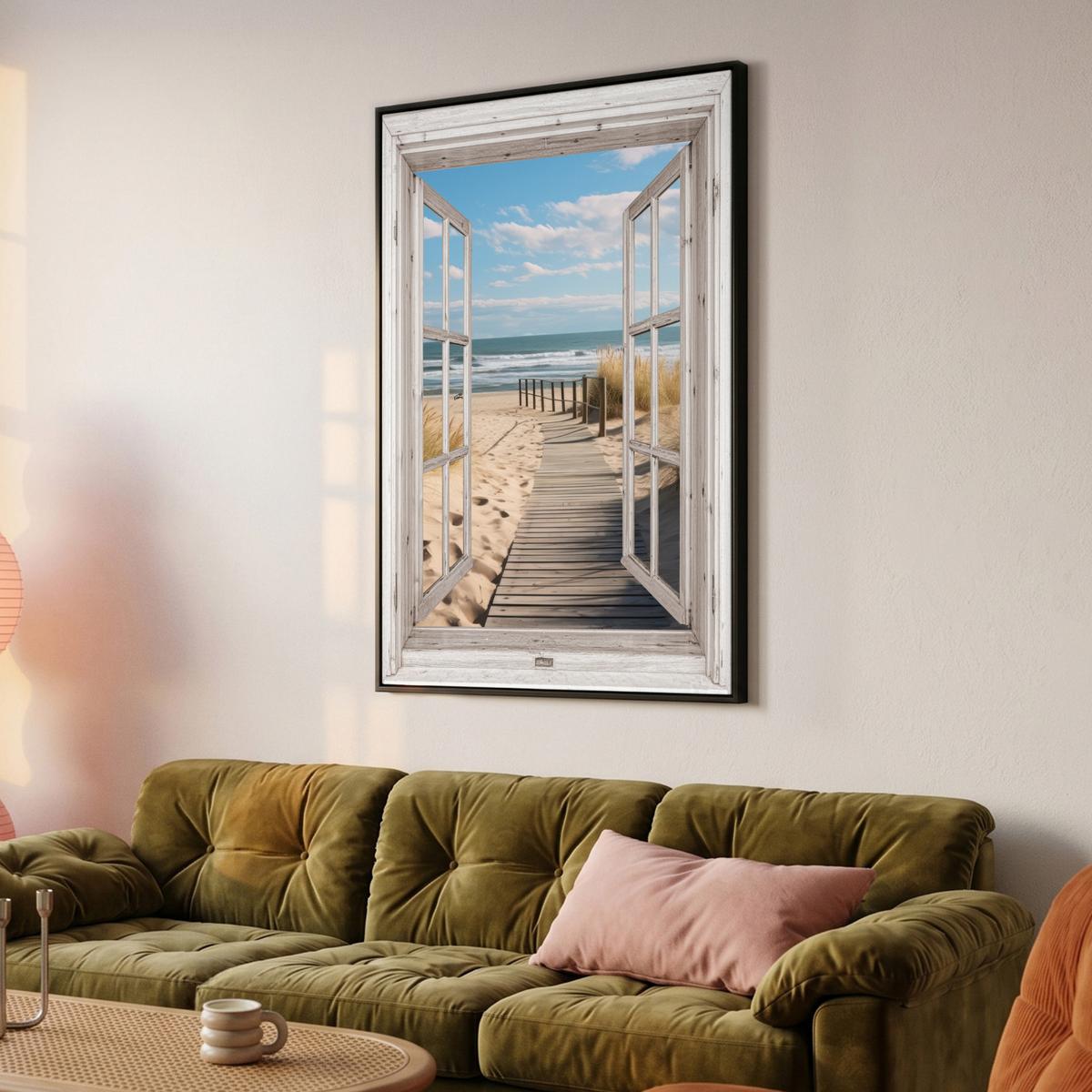 LEINWAND Bilder mit Rahmen - Fenster - Meer - Küste - Natur - Ausblick - Strand - Wattenmeer - 80x120 - Beige, Textil (80/120cm) - MuchoWow