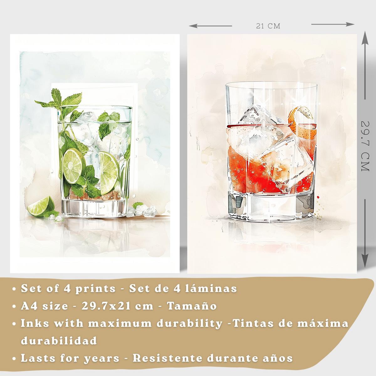 POSTER 4er Set Cocktails und Wein Wandbilder Bunte Gläser Negroni Tropical Aquarell Bar Küche Deko Leichter Holzrahmen A4 - Beige, Papier (29.7/1/21cm) - Nacnic