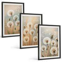 BILDER SET 3er Set - 40x60 cm Schwarzer Rahmen - Pastellfarbene Löwenzahnblüten - Schwarz, Kunststoff (40/60cm) - TULUP