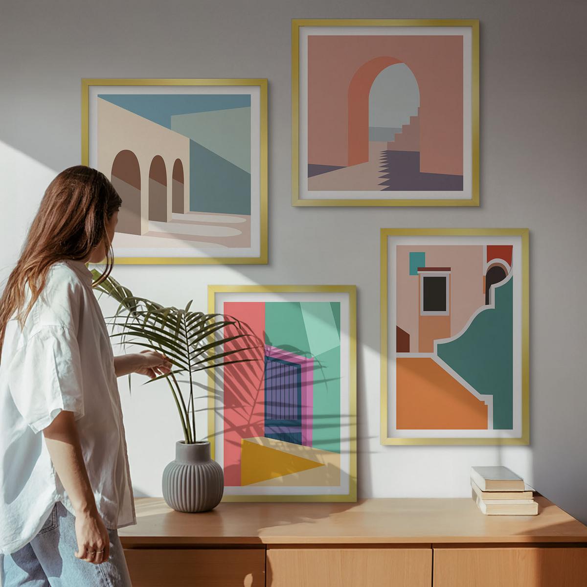 BILDER SET 4er Set - 50x50 cm & 40x60 cm Goldrahmen - Farbenfrohe Illustrationen der Stadt - Goldfarben, Kunststoff (50/50cm) - TULUP