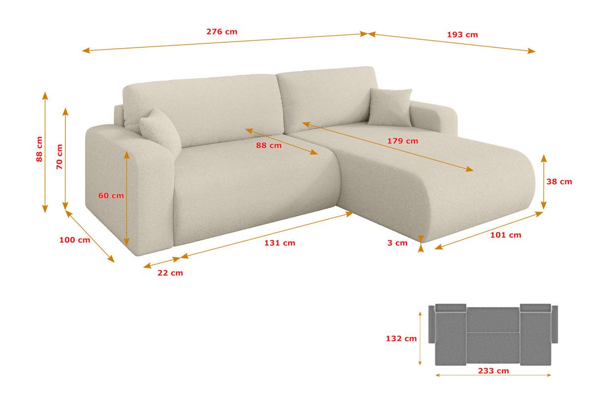 ECKSOFA mit Schlaffunktion Ottomane Rechts BERY-L 276x193x88 Beige Bouclé - Sandfarben/Beige, Holzwerkstoff/Kunststoff (276/193cm) - ALTDECOR