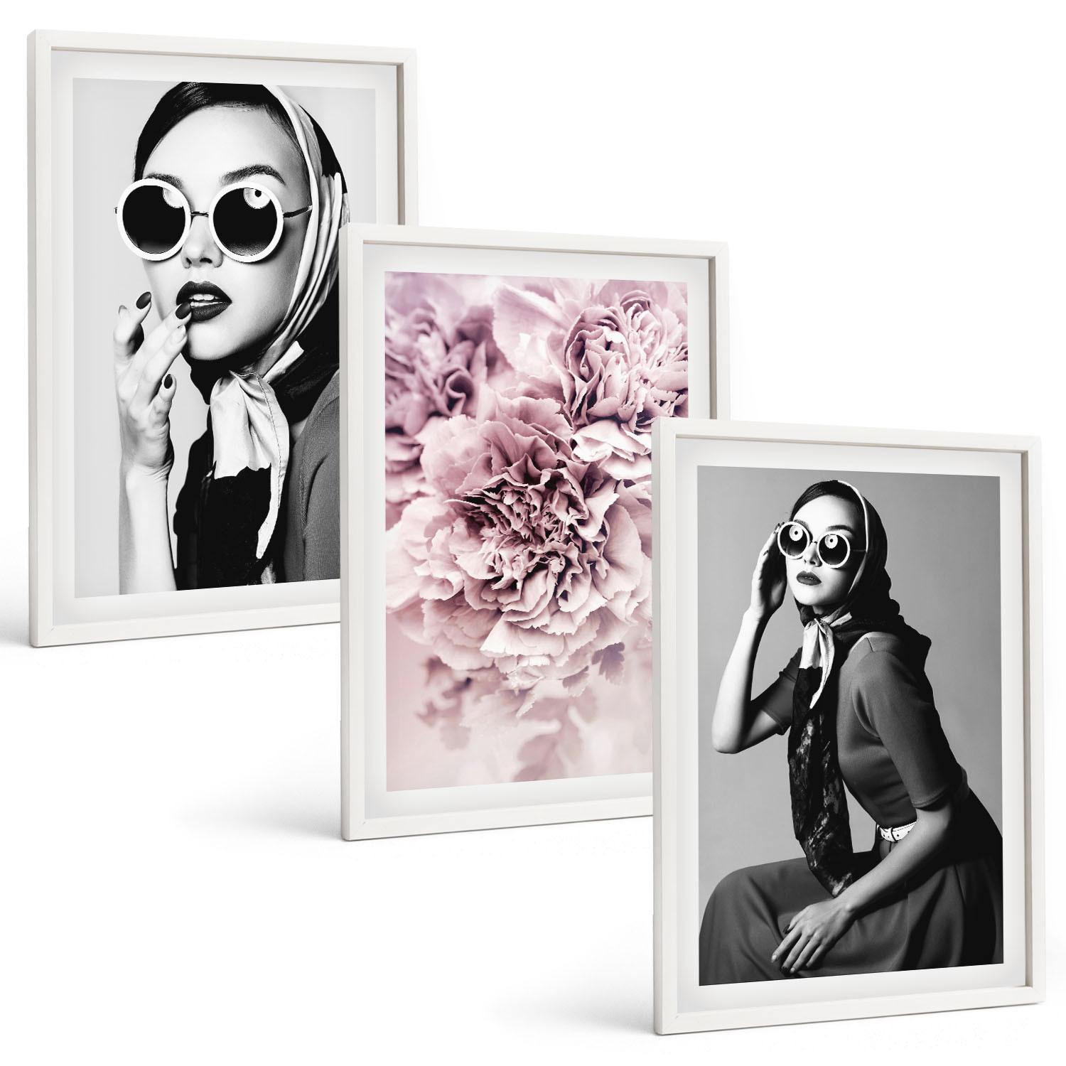 BILDER SET 3er Set - 40x60 cm Weißer Rahmen - Stilvolle Porträts von Frauen mit Blumen - Weiß, Kunststoff (40/60cm) - TULUP