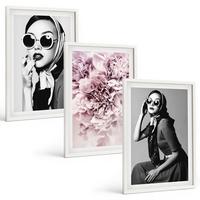 BILDER SET 3er Set - 40x60 cm Weißer Rahmen - Stilvolle Porträts von Frauen mit Blumen - Weiß, Kunststoff (40/60cm) - TULUP