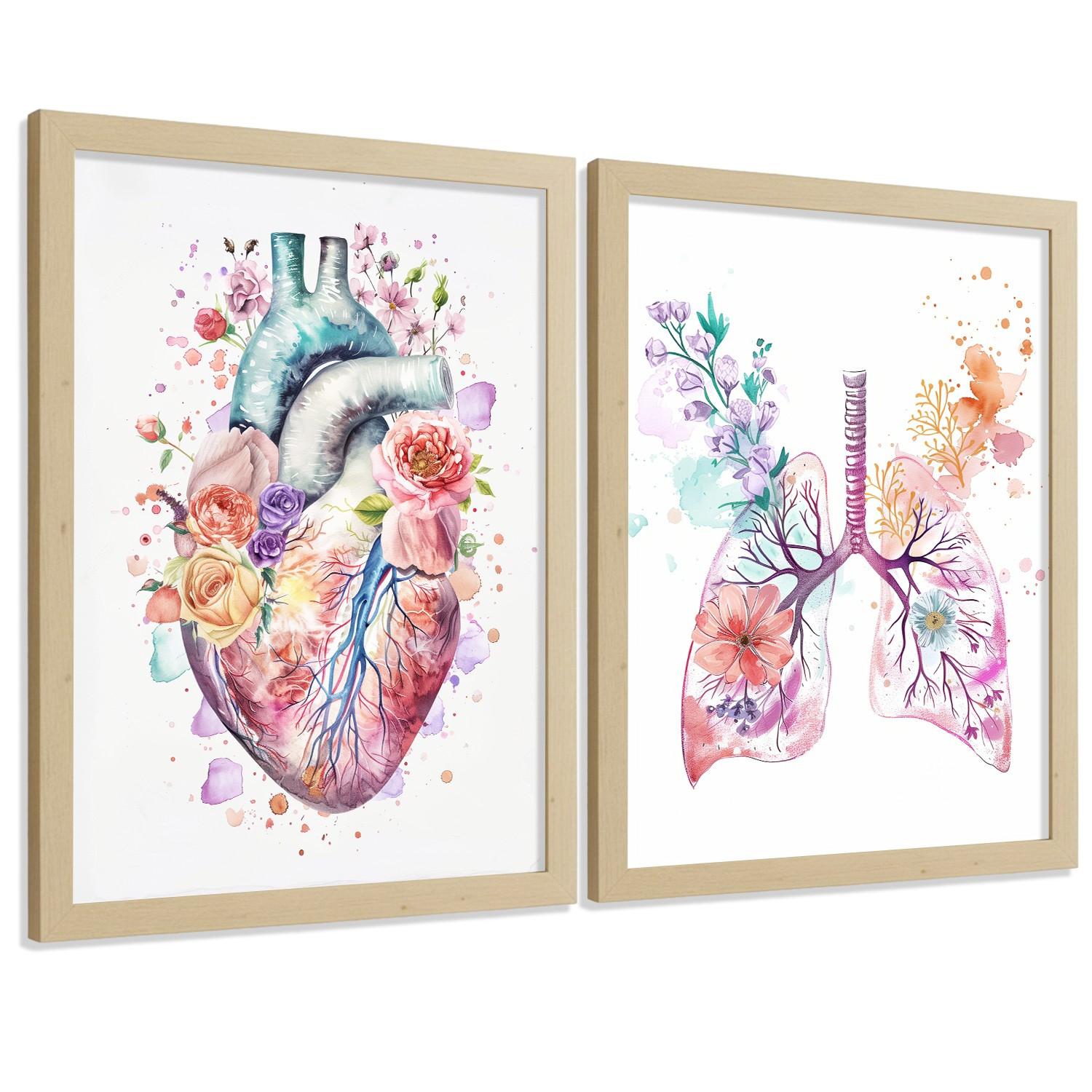 POSTER Set aus 2 Anatomie Mensch Drucke und Wandbilder mit Herz und Atmungssystem Floraler Stil Wanddekoration Größe Leichter Holzrahmen A4 - Beige, Papier (21/29.7/3cm) - Nacnic