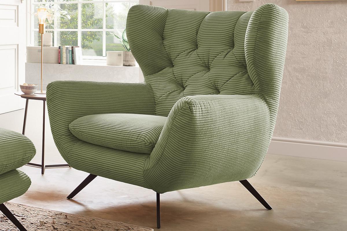 SESSEL CHARME Grün Cord - Schwarz/Olivgrün, Textil/Metall (100/106/95cm) - KAWOLA