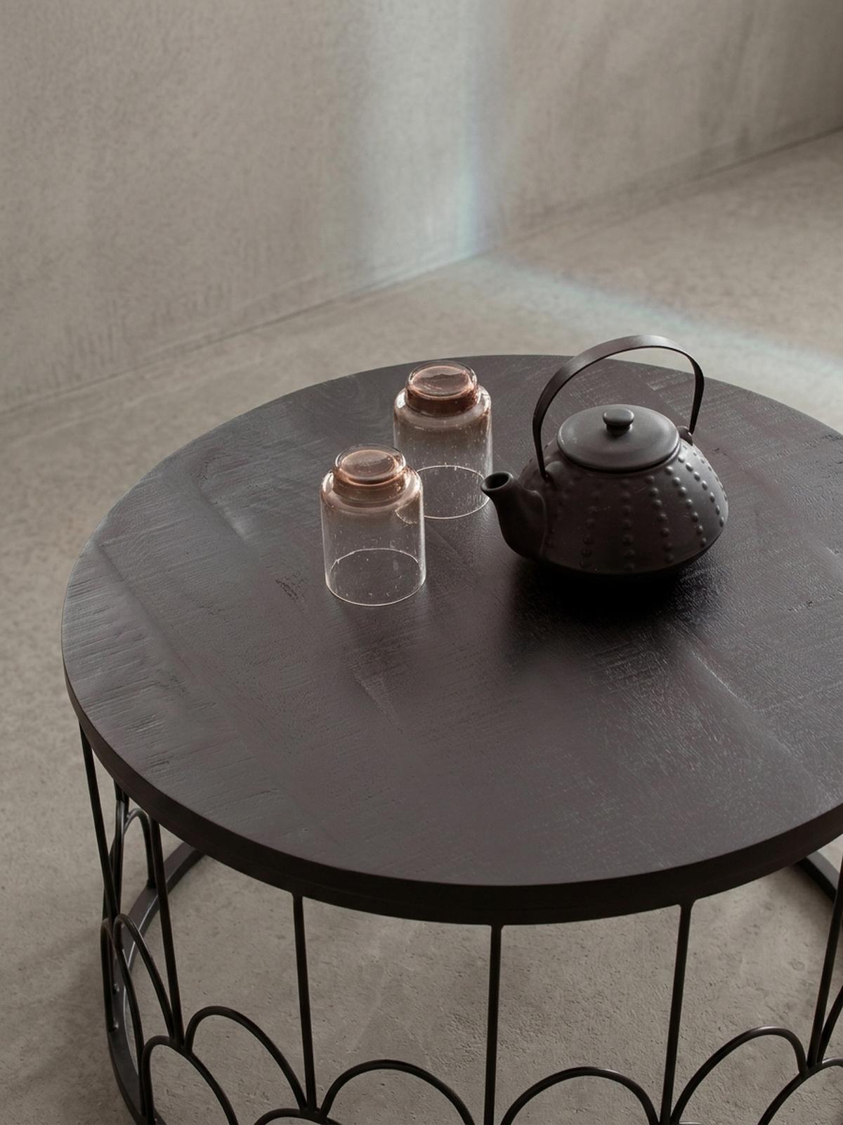 COUCHTISCH Rund in Schwarz aus Mango Massivholz mit Metallgestell, 60x60x36cm, Industrial Design - Schwarz, Holz/Metall (60/60/36cm) - KADIMA DESIGN