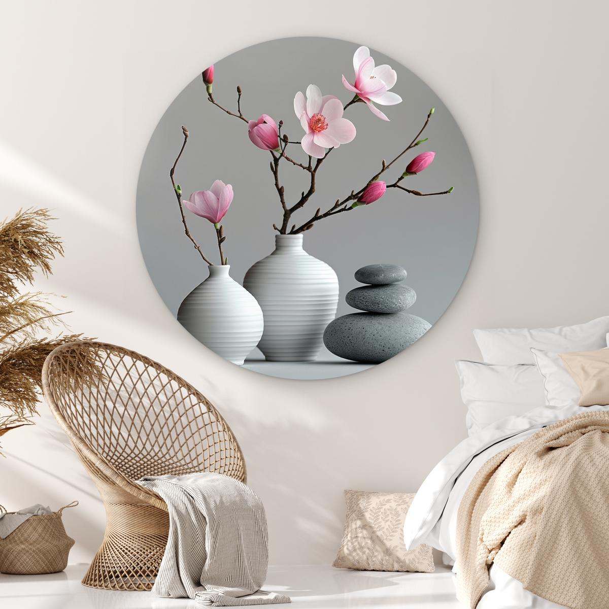 WANDBILD Magnolie - Blumen - Rosa - Zen-Steine Wandbild 120x120 cm - Hellgrau, Kunststoff (120/120cm) - MuchoWow