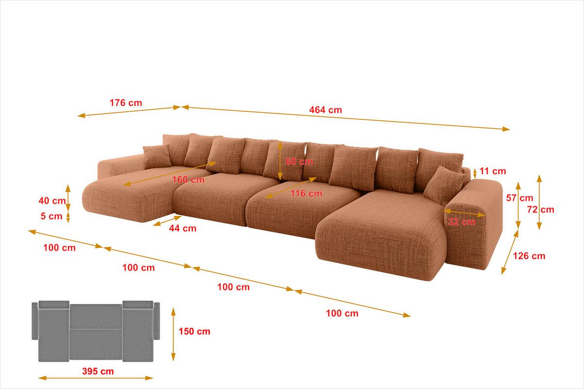 WOHNLANDSCHAFT mit Schlaffunktion ESKAR-U2-464x176x72cm Apricot - Orange, Holzwerkstoff/Kunststoff (176/72/464cm) - ALTDECOR