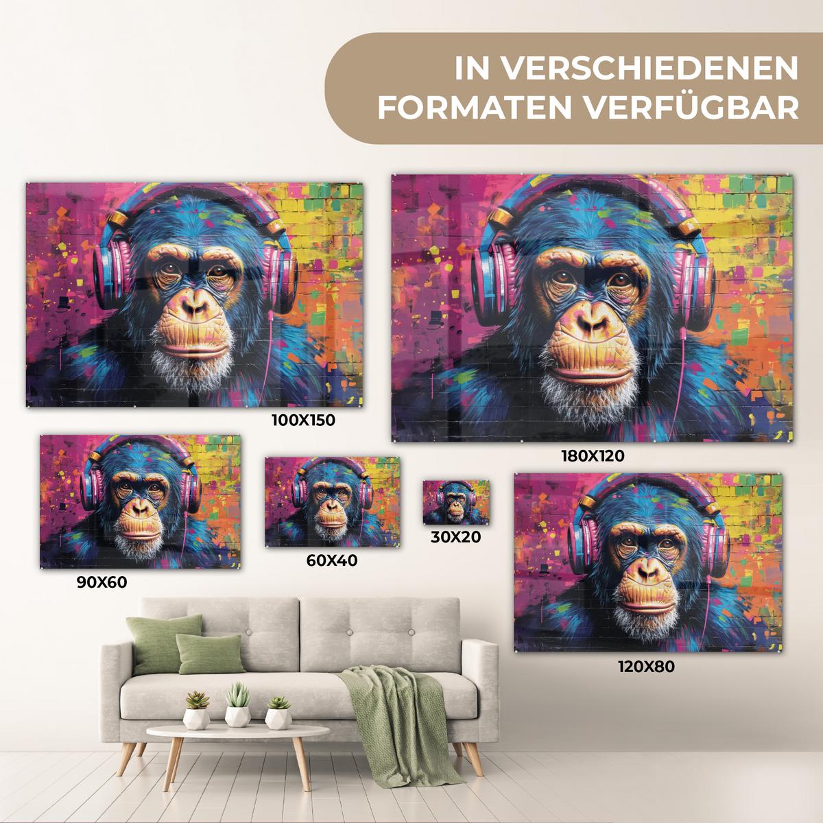 ACRYLGLASBILD Graffiti - Schimpanse - Straßenkunst - Kopfhörer - Affe Room Decor 90x60 cm - Blau, Glas (90/60cm) - MuchoWow
