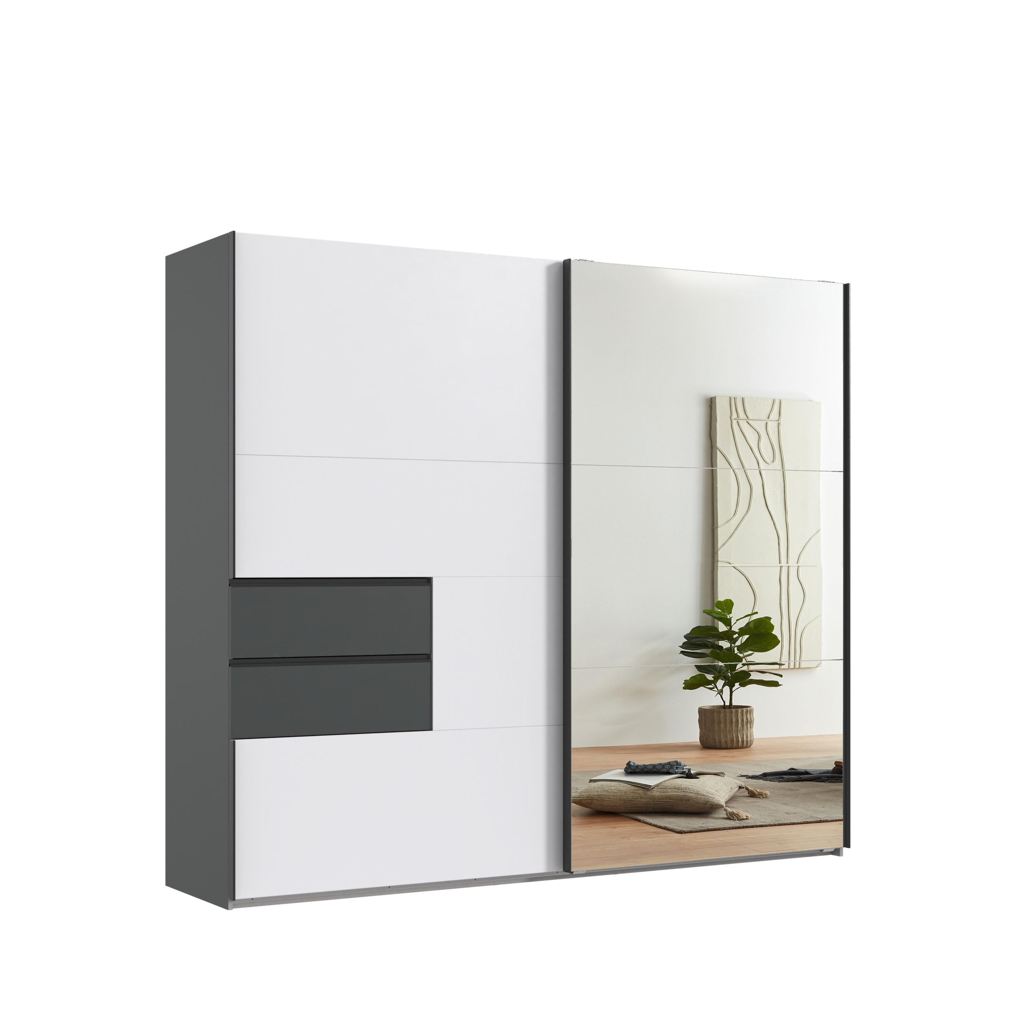 SCHWEBETÜRENSCHRANK 2-türig B250/H216/T65 cm, Korpus & Schubladen Grafit, Türen Weiß / Spiegel, Kleiderschrank inkl. Vollausstattung / 22050 - Bordeaux/Graphitfarben, Holzwerkstoff/Metall (250/216/65cm) - luma-home