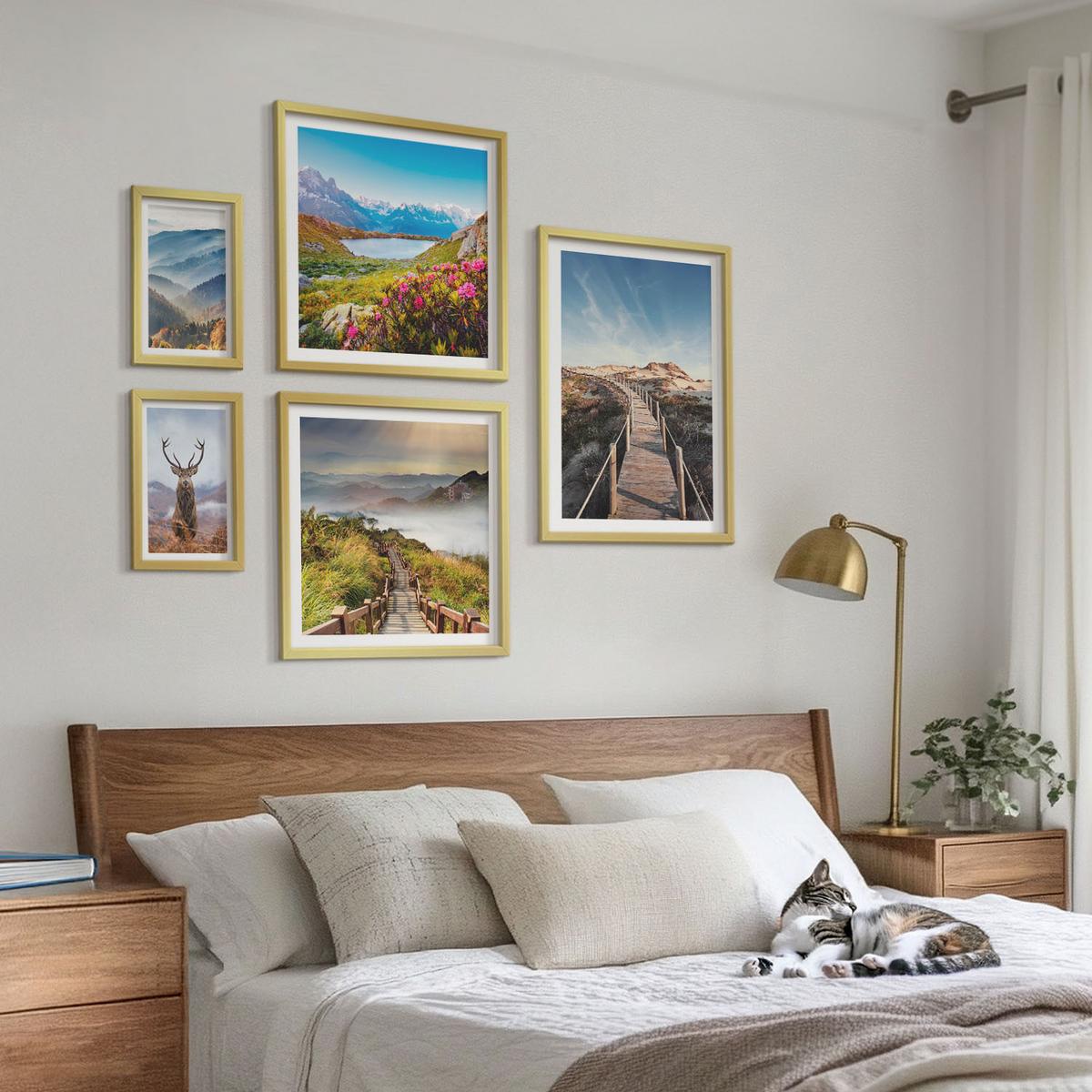 BILDER SET 5er Set - 50x50 cm & 20x30 cm & 40x60 cm Goldrahmen - Berglandschaft, See, Hirsche - Goldfarben, Kunststoff (40/60cm) - TULUP