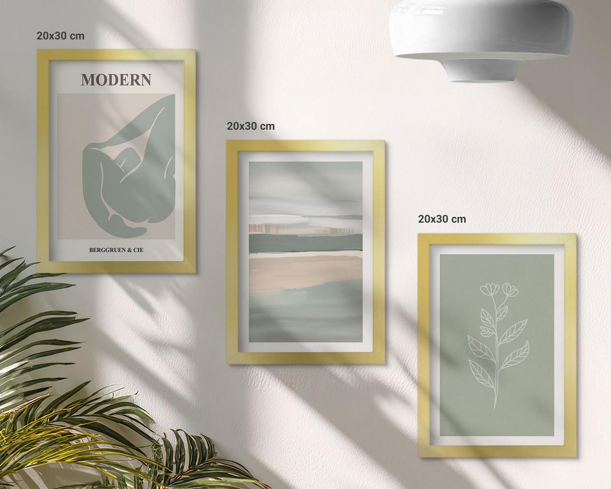 BILDER SET 3er Set - 20x30 cm Goldrahmen - Abstrakte pastellfarbene Pflanzenformen - Goldfarben, Kunststoff (20/30cm) - TULUP