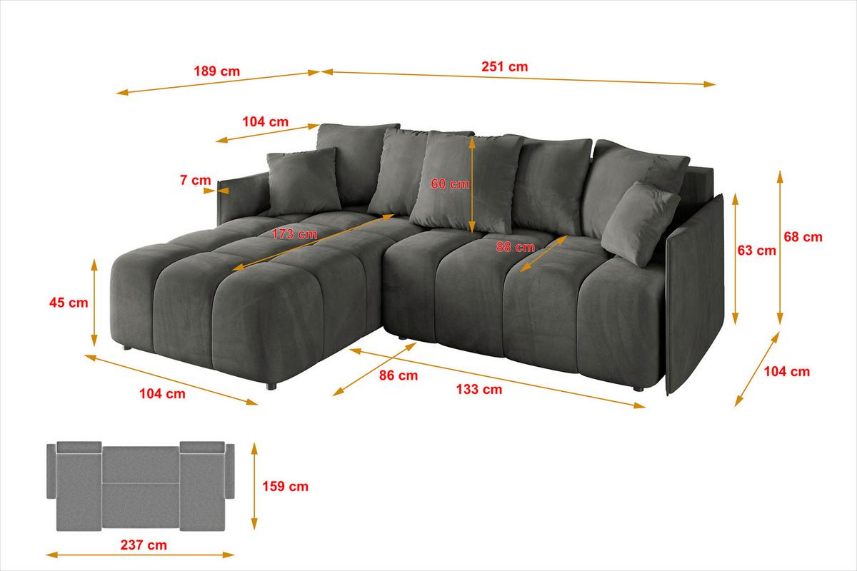 ECKSOFA Ottomane links LONLI-L 251x189x68 Anthrazit Velours - Anthrazit, Holzwerkstoff/Kunststoff (251/189cm) - ALTDECOR