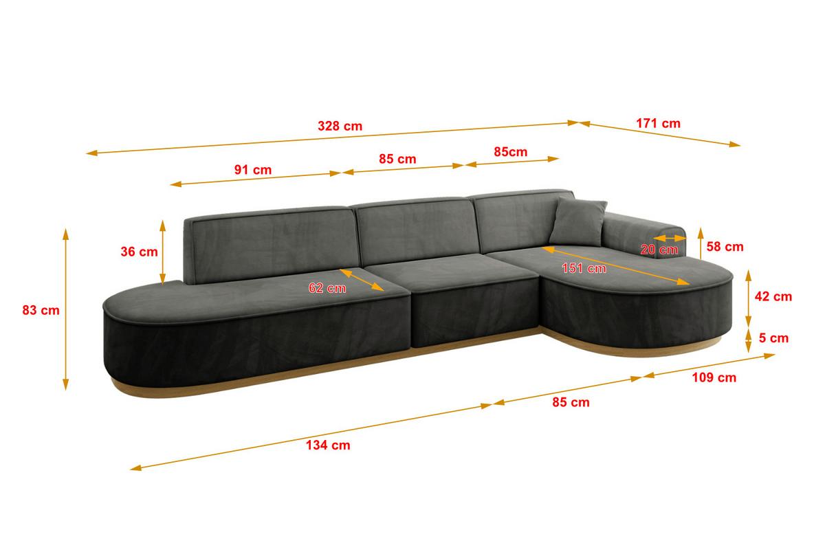 ECKSOFA Ottomane Rechts MARI-L2-v2 - 328x171x83 cm Dunkelgrau Velours - Dunkelgrau, Holzwerkstoff/Textil (171/328cm) - ALTDECOR
