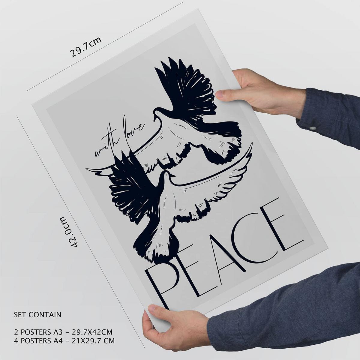 POSTER Set Mit 6 In Schwarzer Tinte Friedenstauben Kunstdrucke Von Meer Und Ozean Für Innenarchitektur A3 & A4 Rahmen Aus Hellem Holz - Beige, Papier (29/3cm) - Nacnic