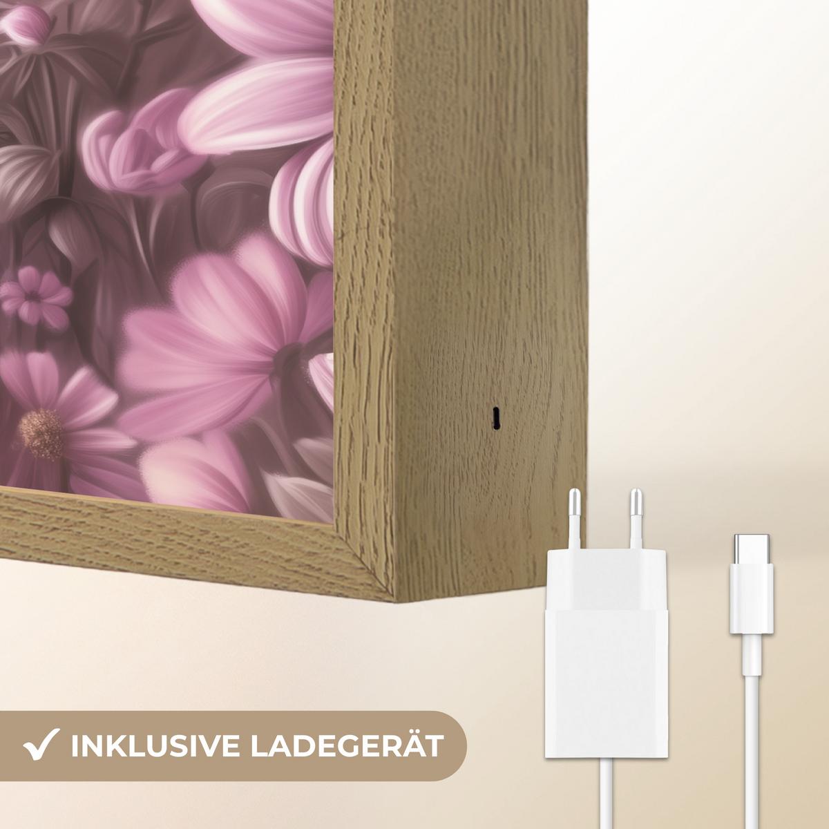 WANDLEUCHTE MIT AKKU Kätzchen - Blumen - Schmetterlinge - Lila 40x30 cm - Altrosa, Holzwerkstoff (40/30/8cm) - OnlyWow