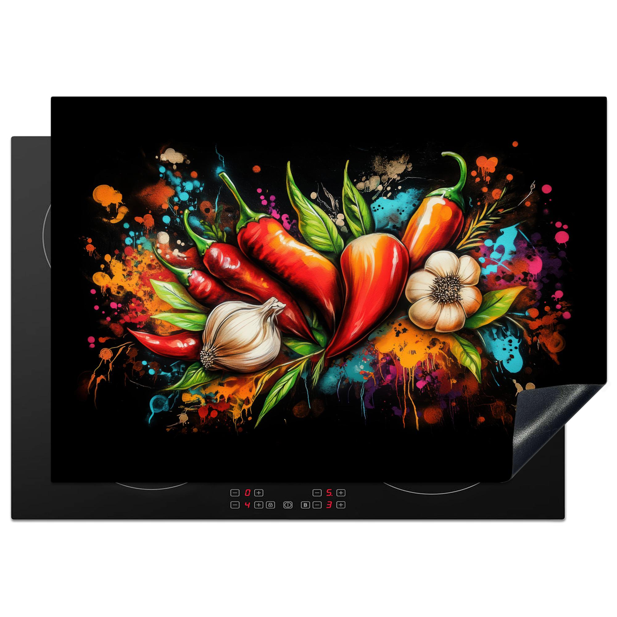 HERDABDECKPLATTE Gemüse - Paprika - Knoblauch - Graffiti - Farbe - Bunt Herdabdeckung Induktionsfeld 75x52 cm - Rot, Kunststoff (75/52/0.2cm) - MuchoWow