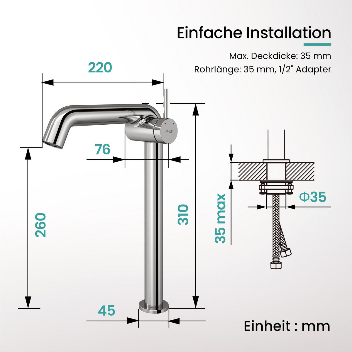 WASCHTISCHARMATUR Wasserzulaufrohr aus Edelstahl Chrom 26cm - Chromfarben, Metall (22/7.6/33.2cm) - EMKE