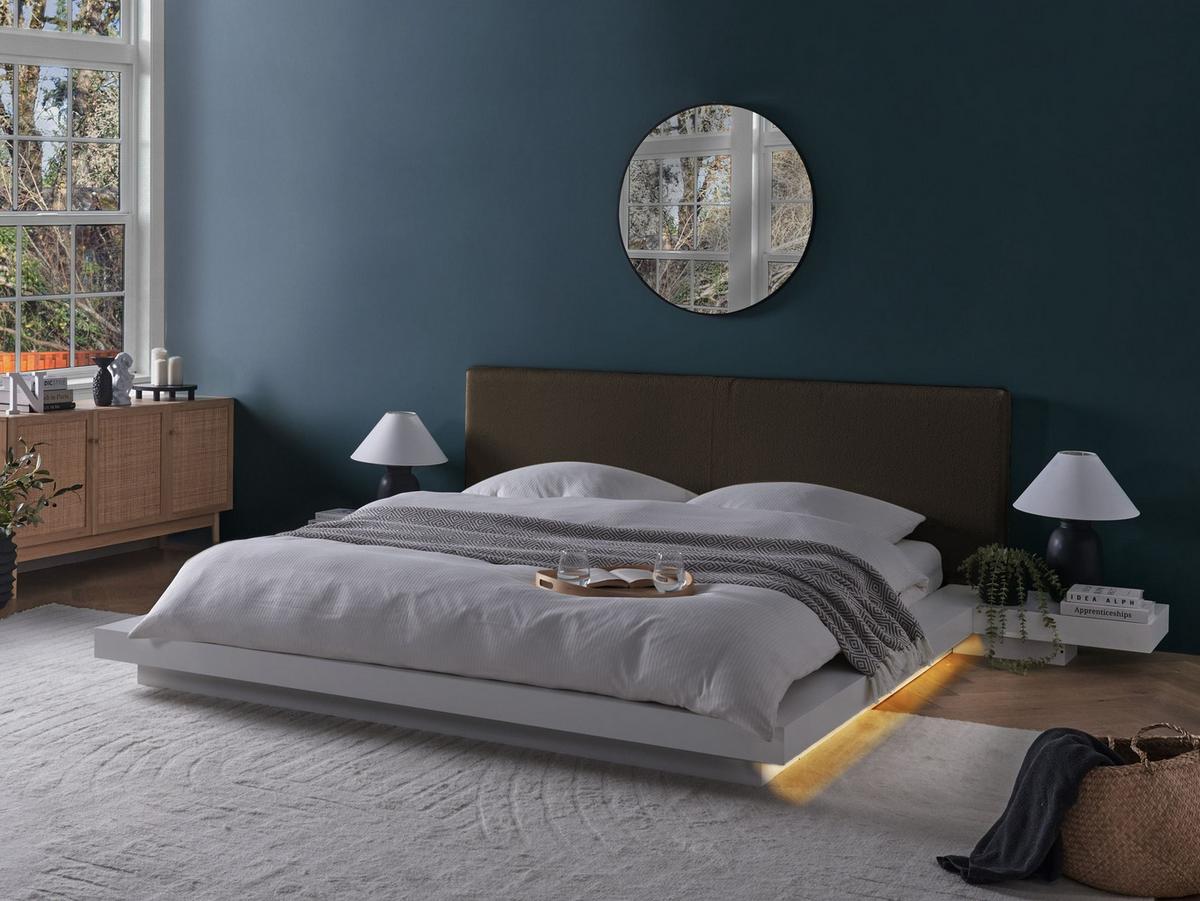 BETT mit LED 160/200 cm MDF-Platte Taupe Zen - Taupe, Holzwerkstoff (160/200cm) - Beliani